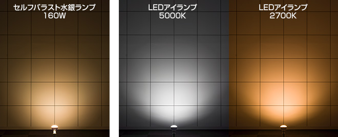 セルフバラスト水銀ランプ160WとLEDアイランプの光色の比較