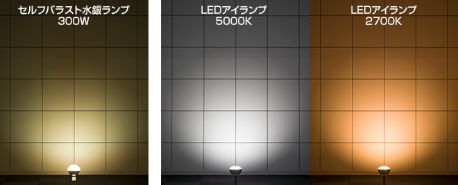 セルフバラスト水銀ランプ300WとLEDアイランプの光色の比較